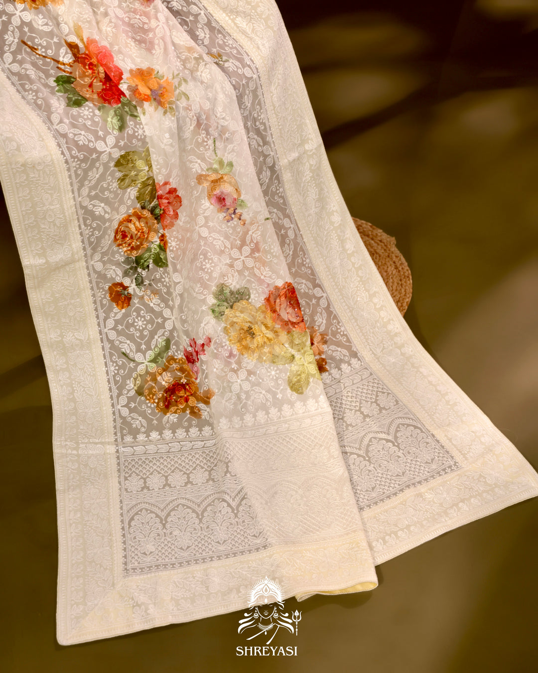 Georgette floral saree with chikankari embroidery