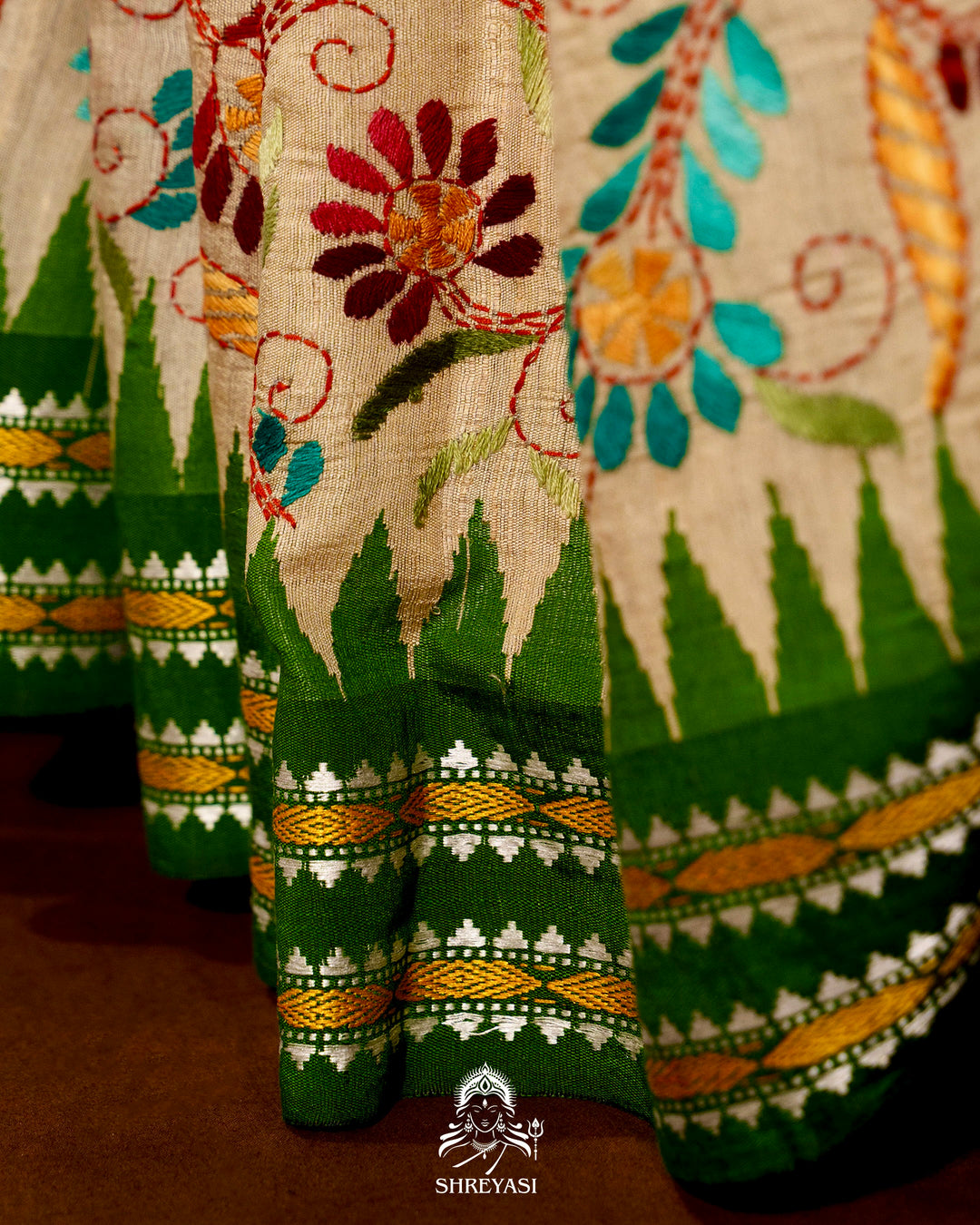 Handloom Pure Vidarbha Tussar Silk Saree with Karvati Kinar Border and Kantha Embroidery