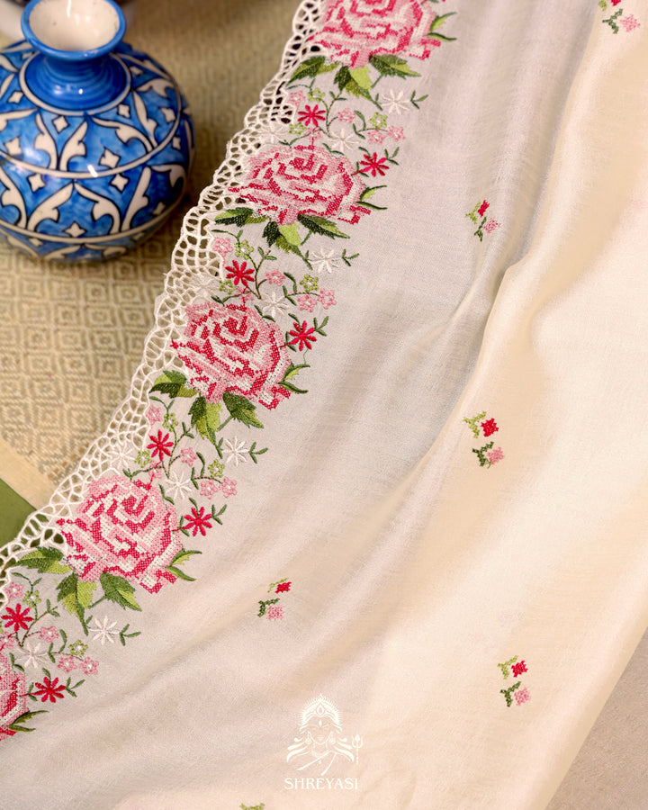Tussar Silk Saree with Petit Point Embroidery