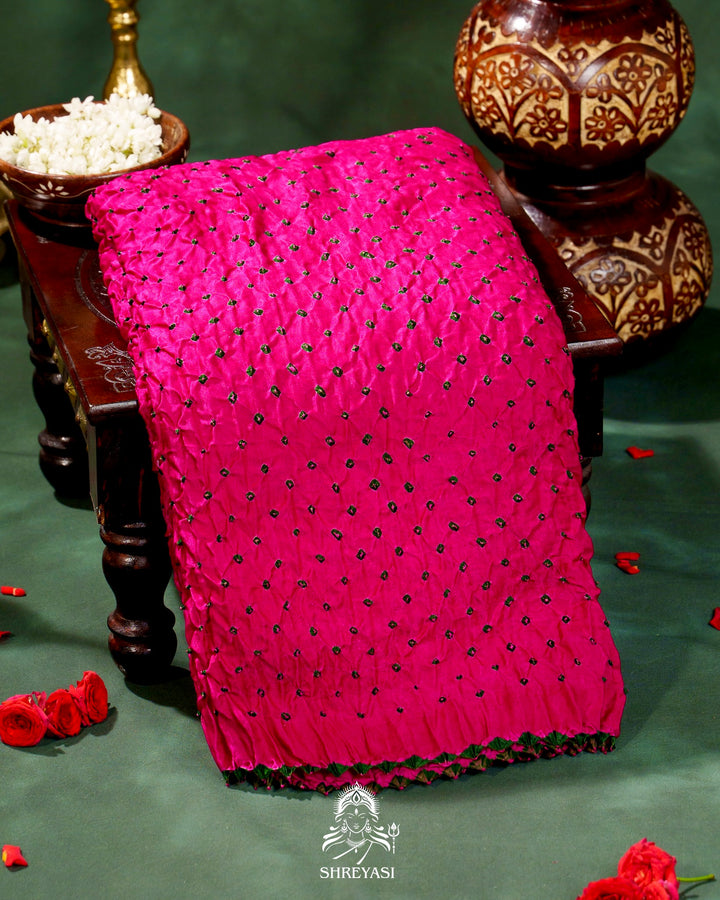 Handloom Pure Bandhani Gaji Silk Saree with Hand-Knotted Bandhej and Multicolored Bandhani Pallu