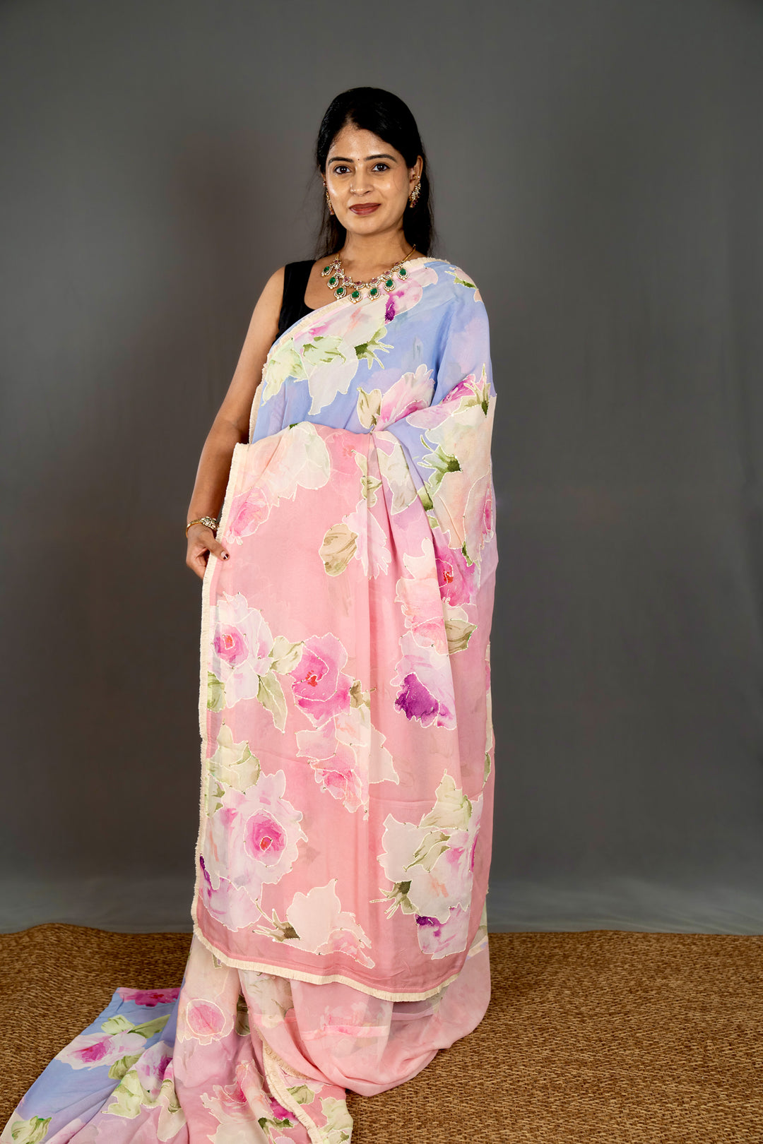 Pure Georgette Floral Saree with Thread Embroidery and Micro Sequins