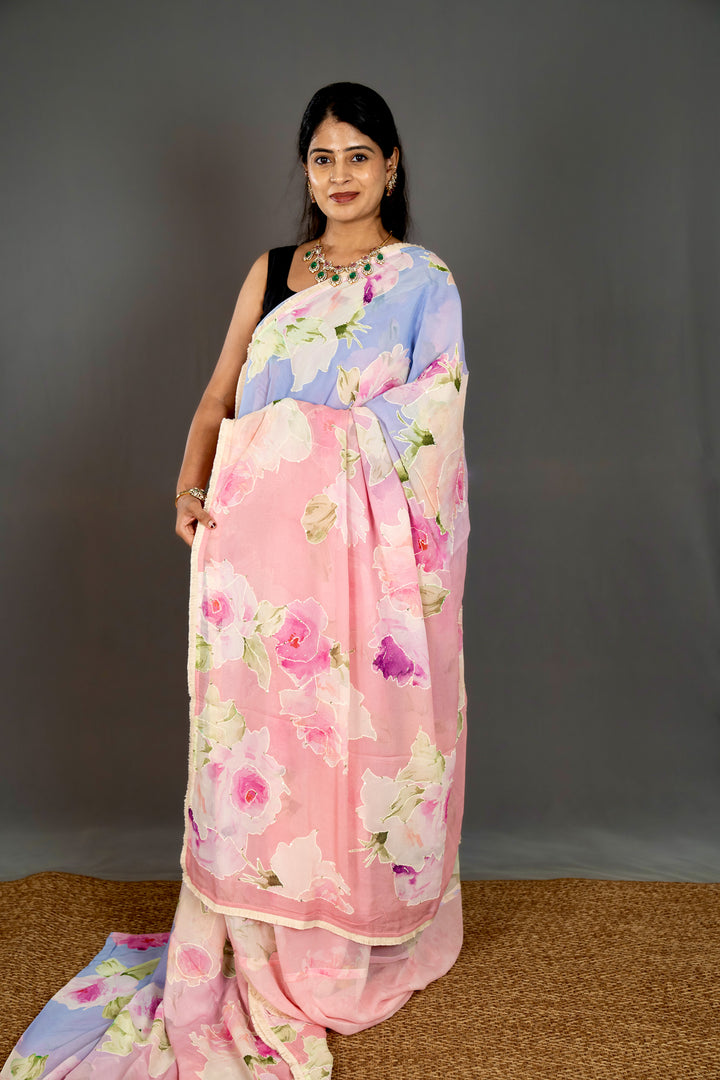 Pure Georgette Floral Saree with Thread Embroidery and Micro Sequins