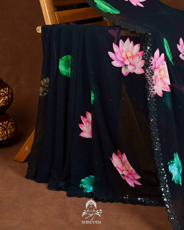 Pure Georgette Floral Saree with Sequin Embroidery