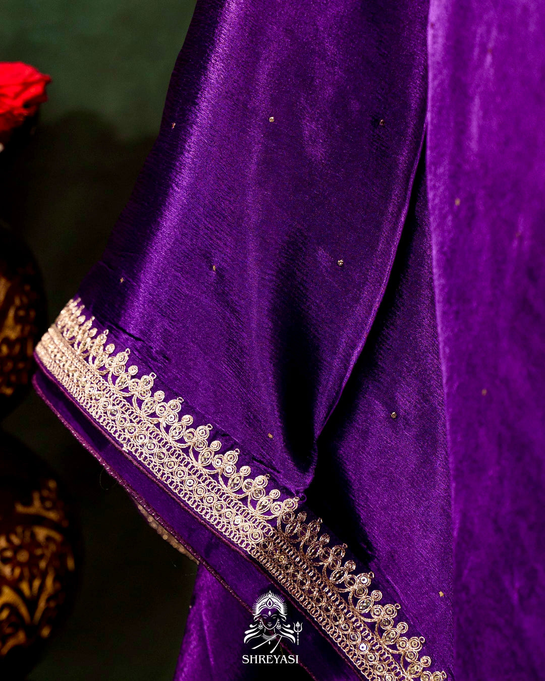 Pure Crepe Satin Saree with Embroidered Borders and Fully Embroidered Blouse
