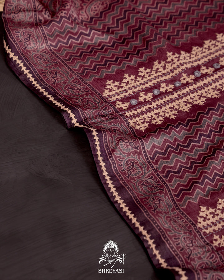 Ajrakh Silk Saree with Kutch Embroidery and Mirror Work