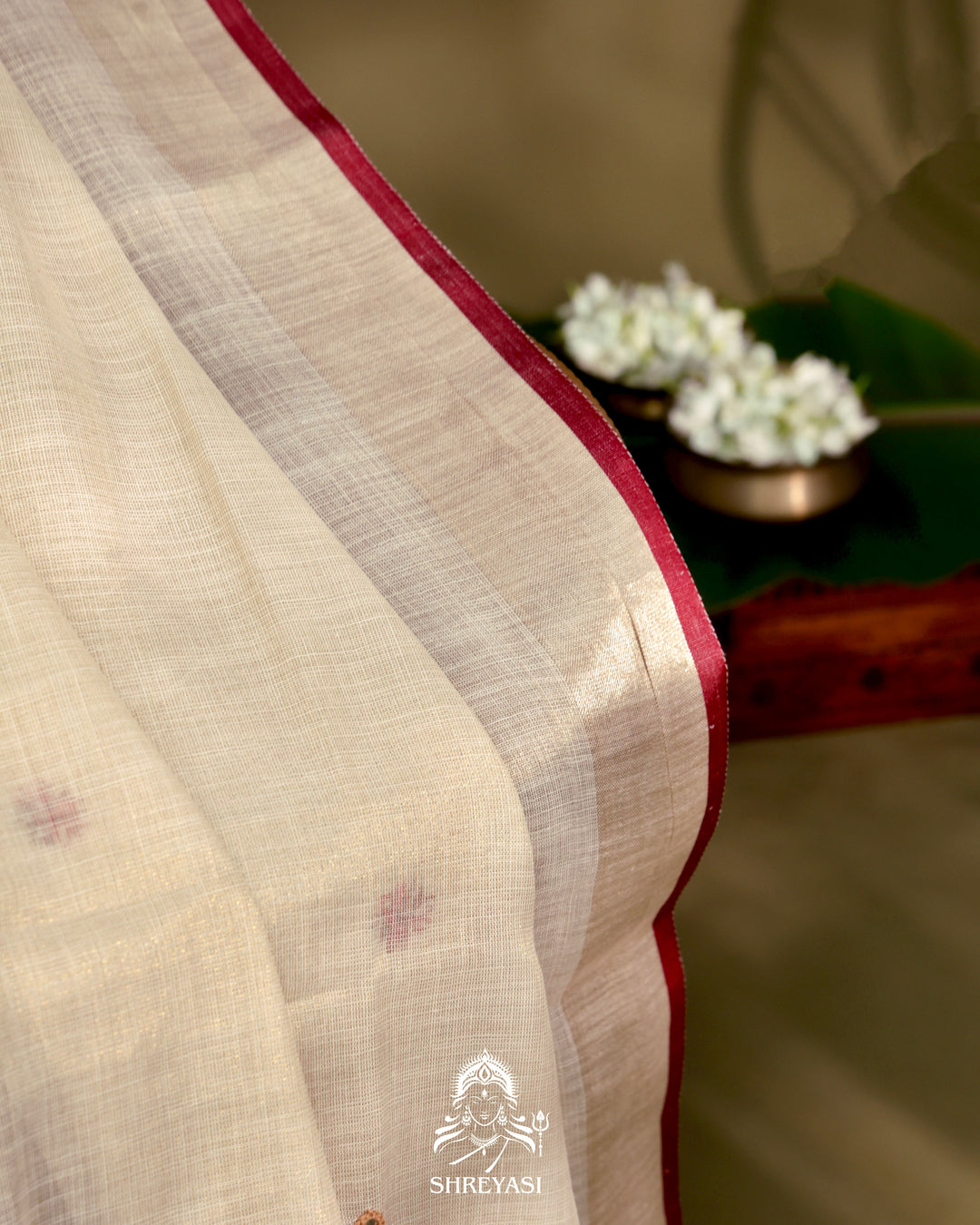 Bengal Linen Tissue Saree with Kathiyawadi Mirror Embroidery