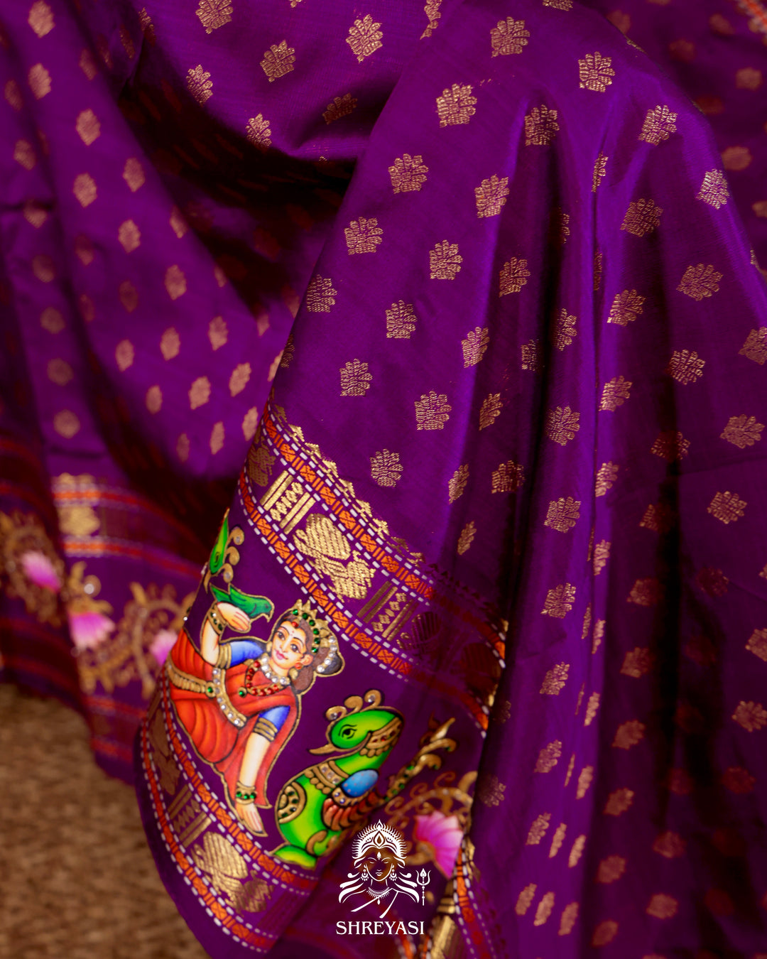 Handloom Pure Kanjivaram Silk Saree in Real Zari with Tanjore Madhura Meenakshi, Mayil and Kamalam Artwork
