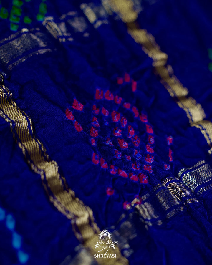 Handloom Pure Gaji Silk Gharchola Bandhej Saree with Multicolor Bandhani, Multicolor Pallu & Handcrafted Gota Patti Borders