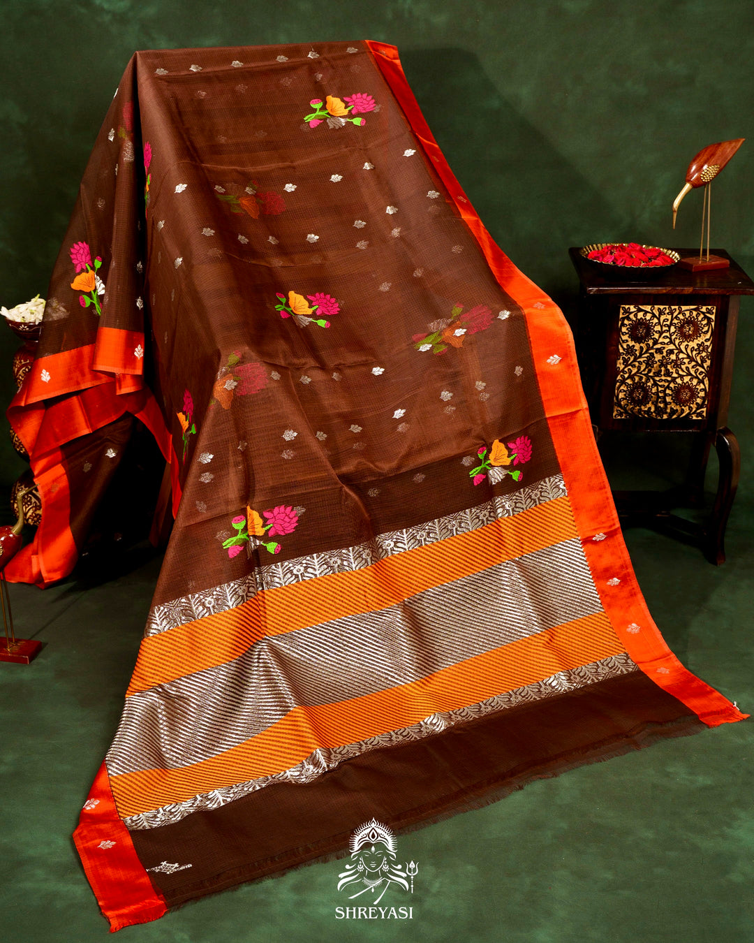 Chocolate Brown Handloom Pure Zari Kota Saree with Orange Contrast Blouse