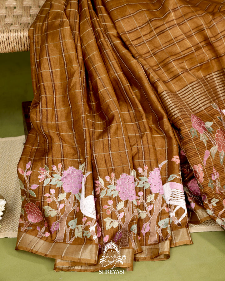 Pure Linen Tussar Silk Saree with Resham Embroidered Borders