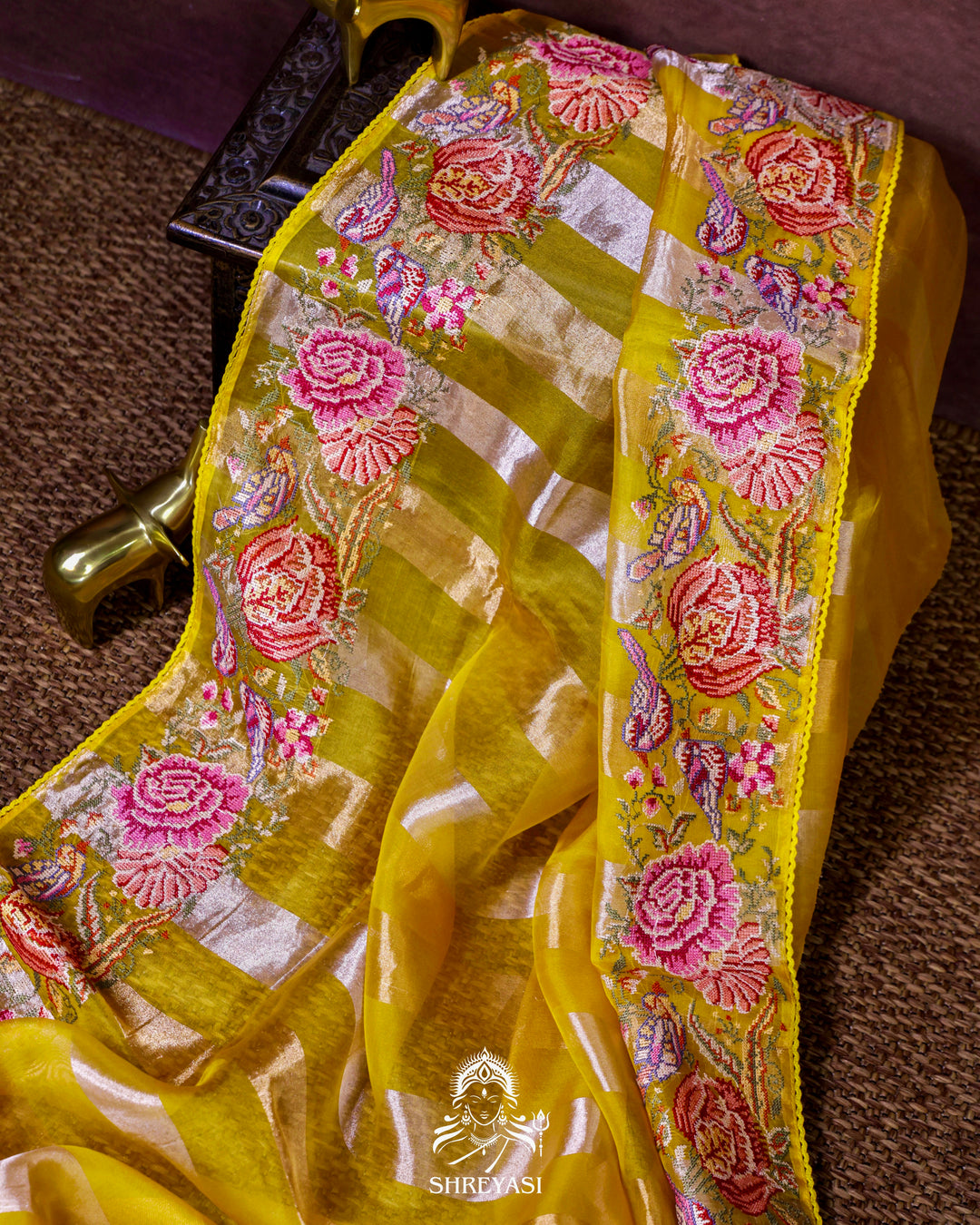 Pure Tissue Silk Saree with Zari Stripes and Petit Point Embroidered Borders