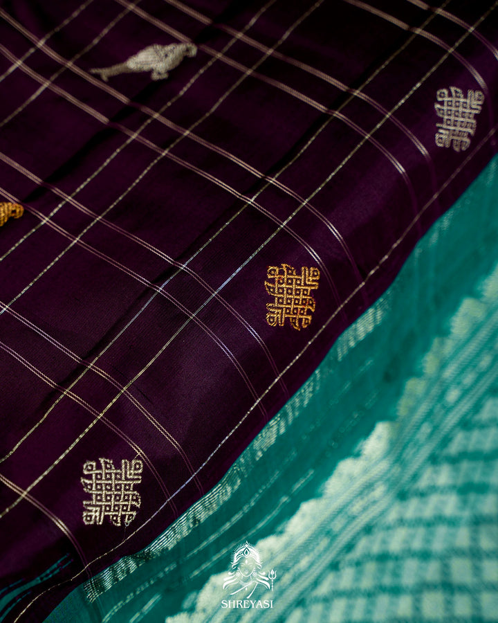 Handloom Pure Gadwal Silk Saree with Kuttu Korvai Border, Zari Checks & Traditional Motifs