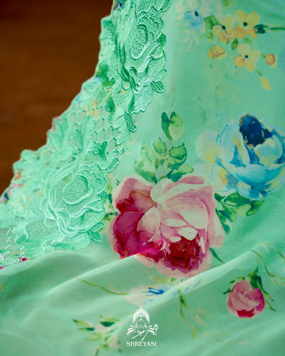 Pure Georgette Floral Saree with Chantilly Lace Embroidery Border