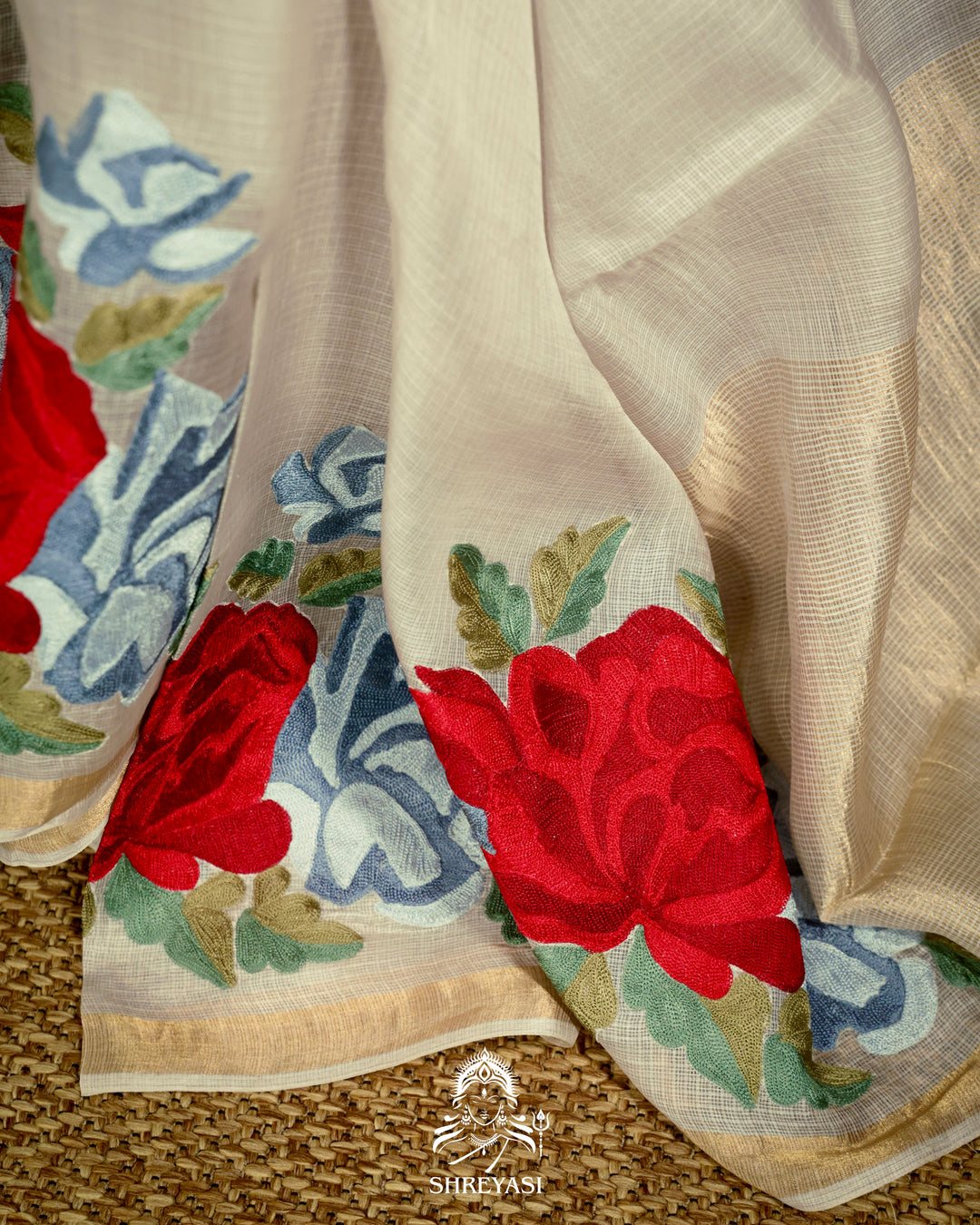 Handloom Pure Silk Kota Saree with Resham Floral Embroidery