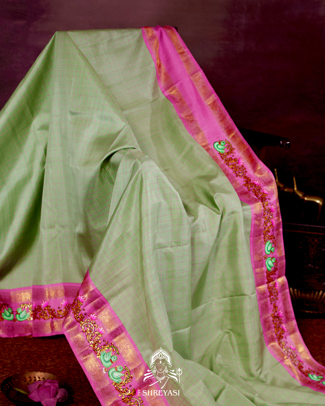 Handloom Pure Kanjivaram Silk Saree in Real Zari with Tanjore Annapakshi and Kamalam Artwork