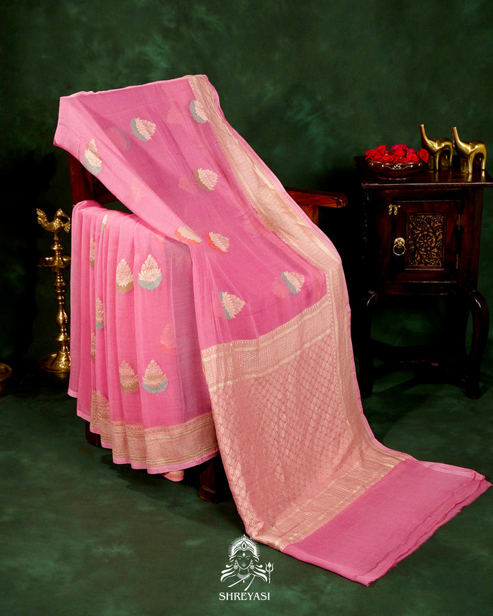 Banarasi Chiffon Khaddi Georgette Saree with Meenakari Weaving & Hand Embroidered Blouse
