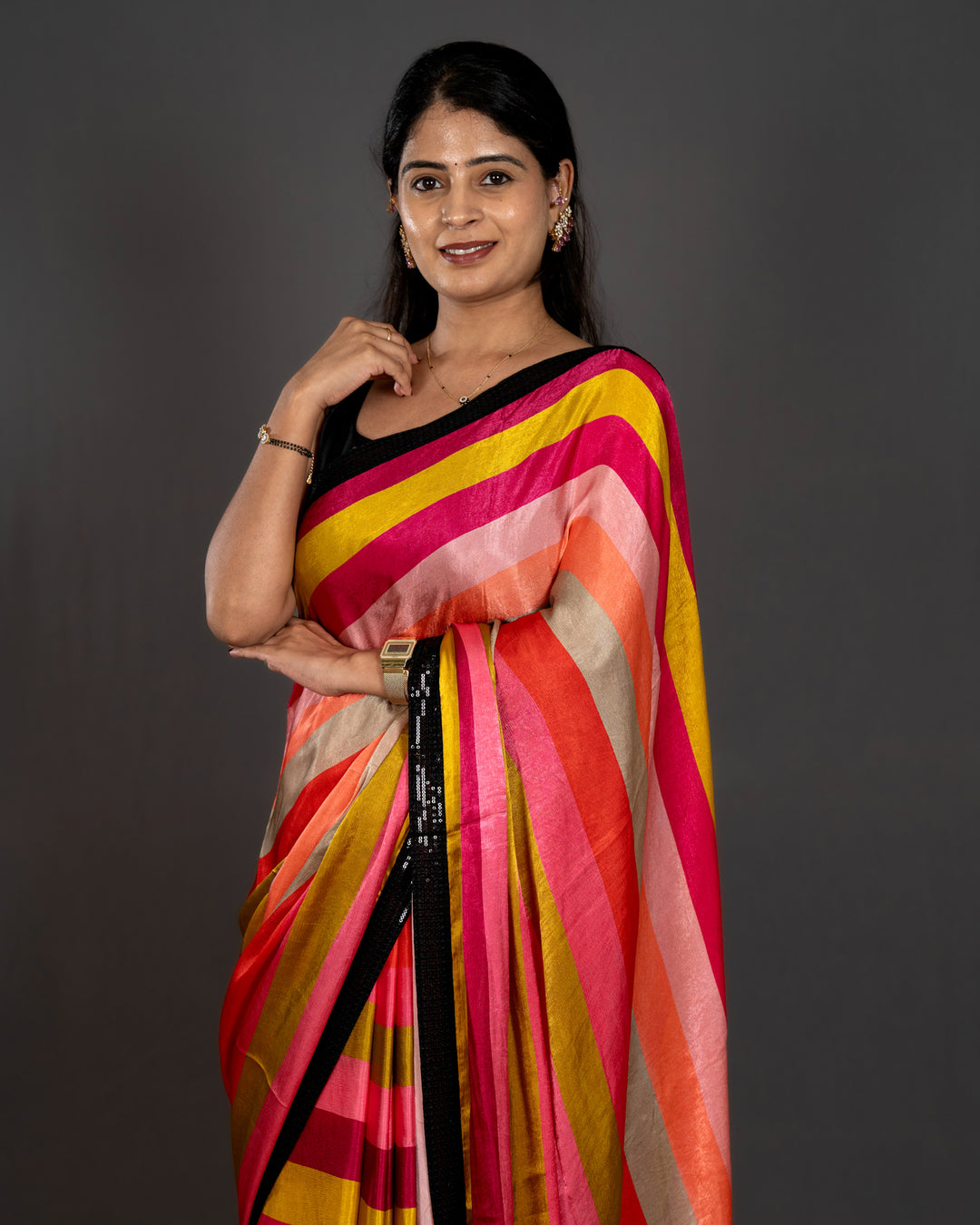 Pure Chinon Satin Saree with Multicolor Stripes and Sequin Border with Sequin Blouse