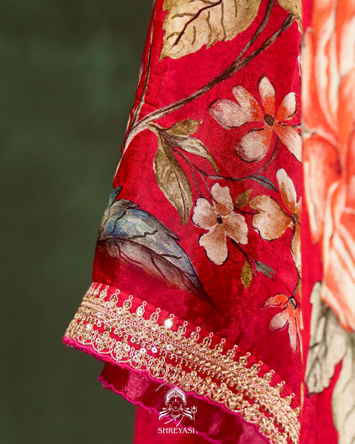Floral Crepe Chiffon Saree with Embroidered Borders