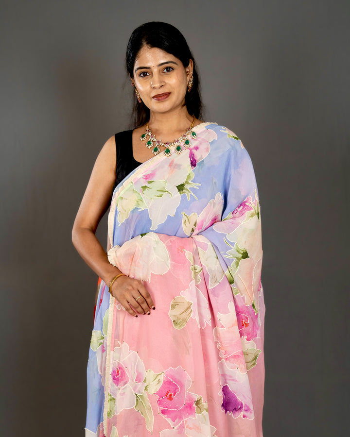 Pure Georgette Floral Saree with Thread Embroidery and Micro Sequins