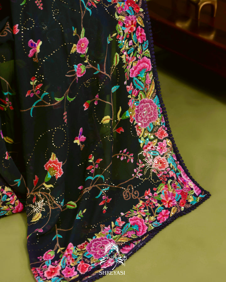 Midnight Floral Pure Georgette Saree with Mukaish, Bead & Sequin Work