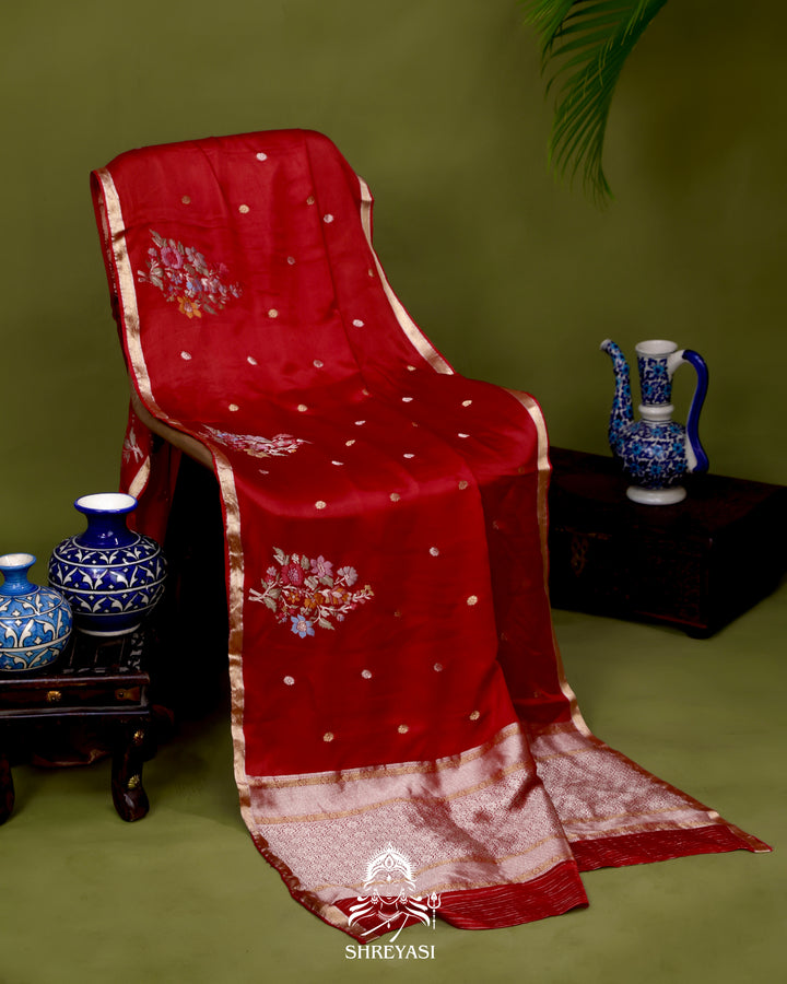Handloom Pure Mashru Silk Saree with Sona Rupa Meenakari Bhutis and Nakshi Pallu