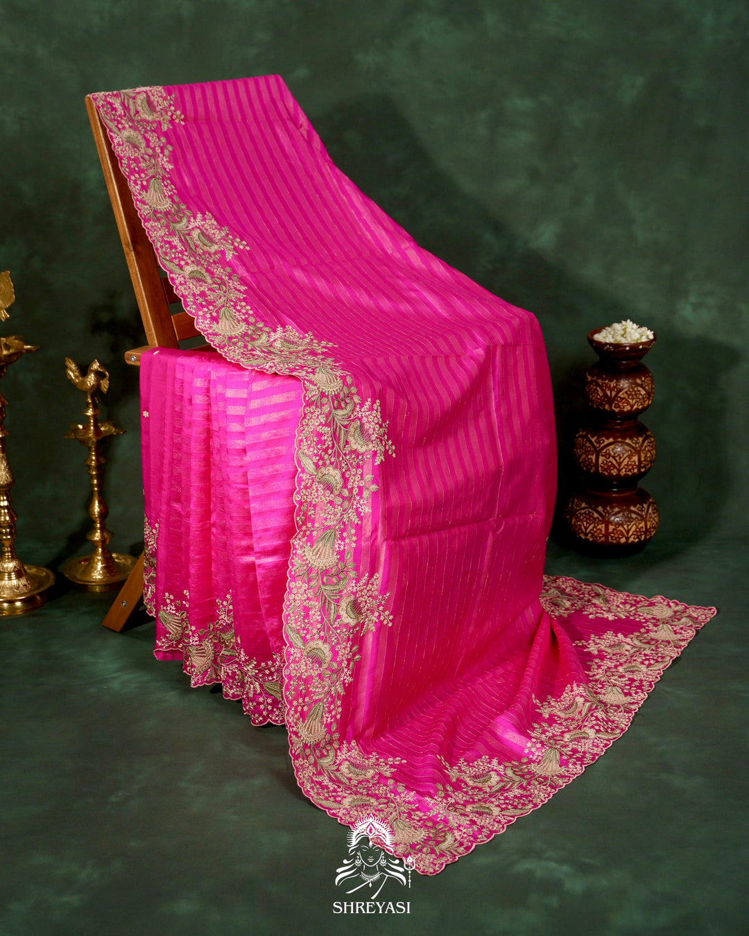 Handloom Pure Banarasi Silk Saree with Zari Stripes and Fine Resham Thread Embroidery