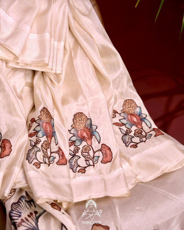 Kota saree with floral kalamkari appliqué work, contrast border, and lightweight breathable drape