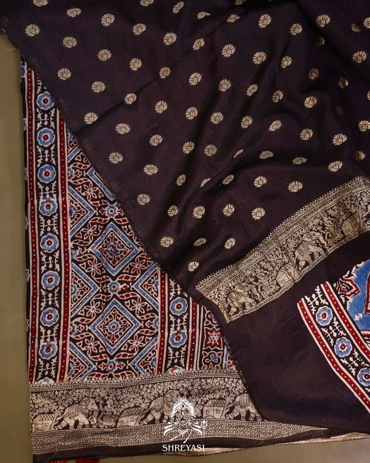 Hand Block Printed Ajrakh Dola Silk Saree with Zari Brocade Blouse