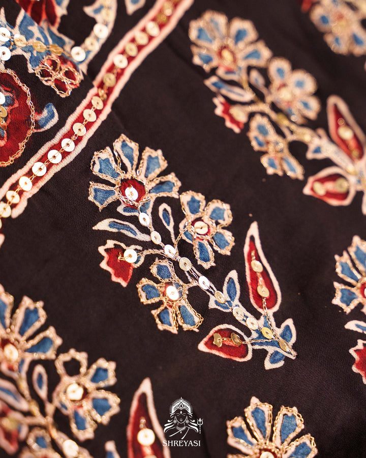 Handloom Pure Modal Silk Ajrakh Hand Block Printed Saree with Natural Dyes, All Over Aari Embroidery & Embroidered Borders