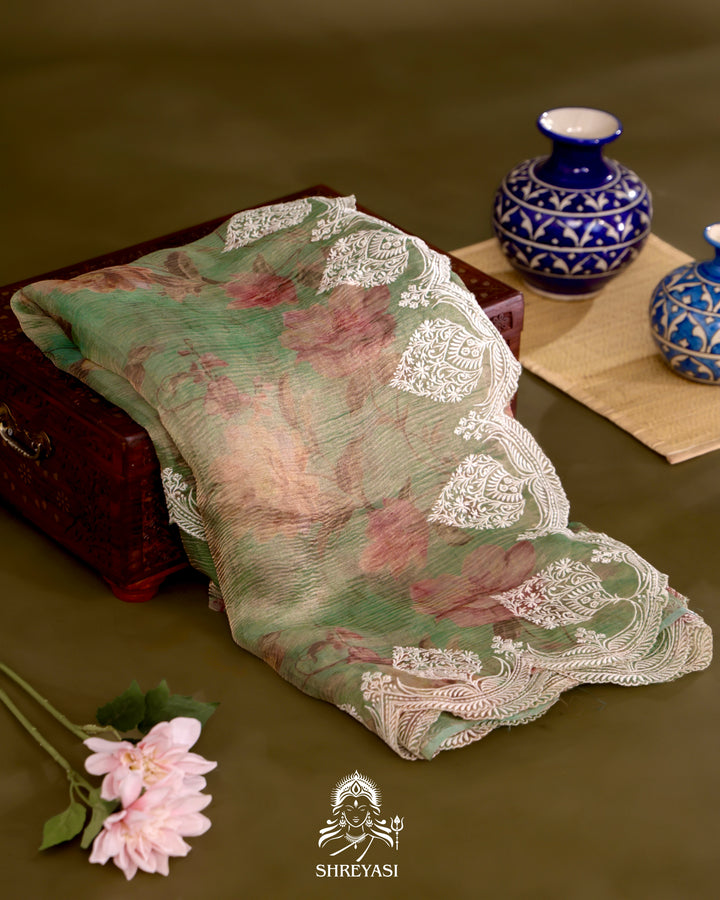 Handloom Pure Crushed Ektara Tissue Silk Saree with Floral Print and Scallop Embroidery