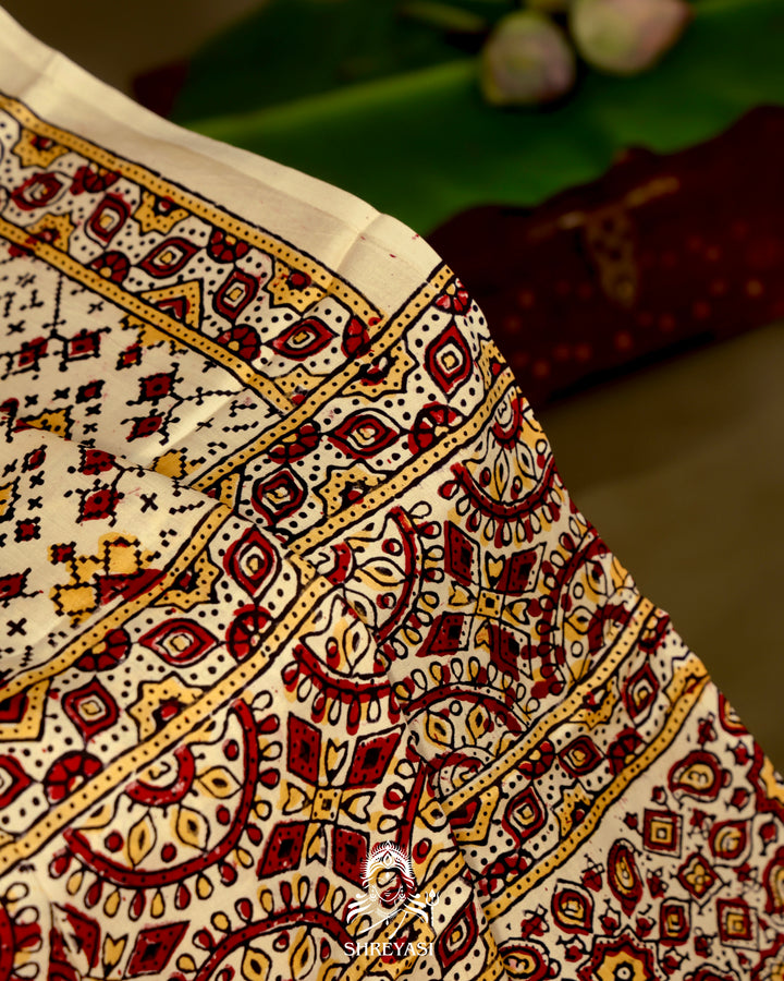 Pure Modal Gaji Silk Lagdi Patta Ivory Red Ajrakh Saree in Natural Dyes