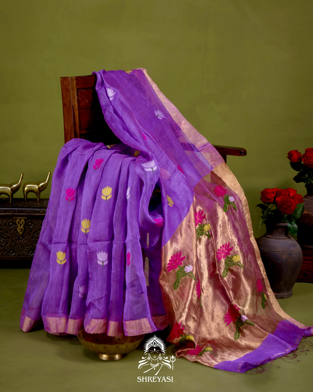 Handloom Silk Linen Jamdani Saree with Tissue Paithani Pallu