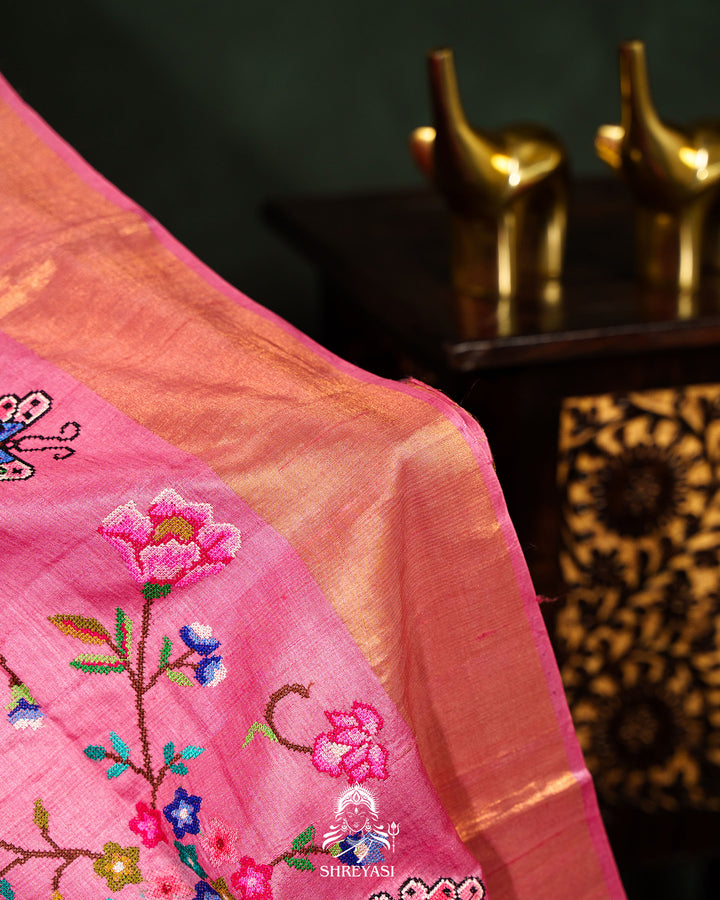 Handloom Pure Desi Tussar Silk Saree with Petit Point Embroidery