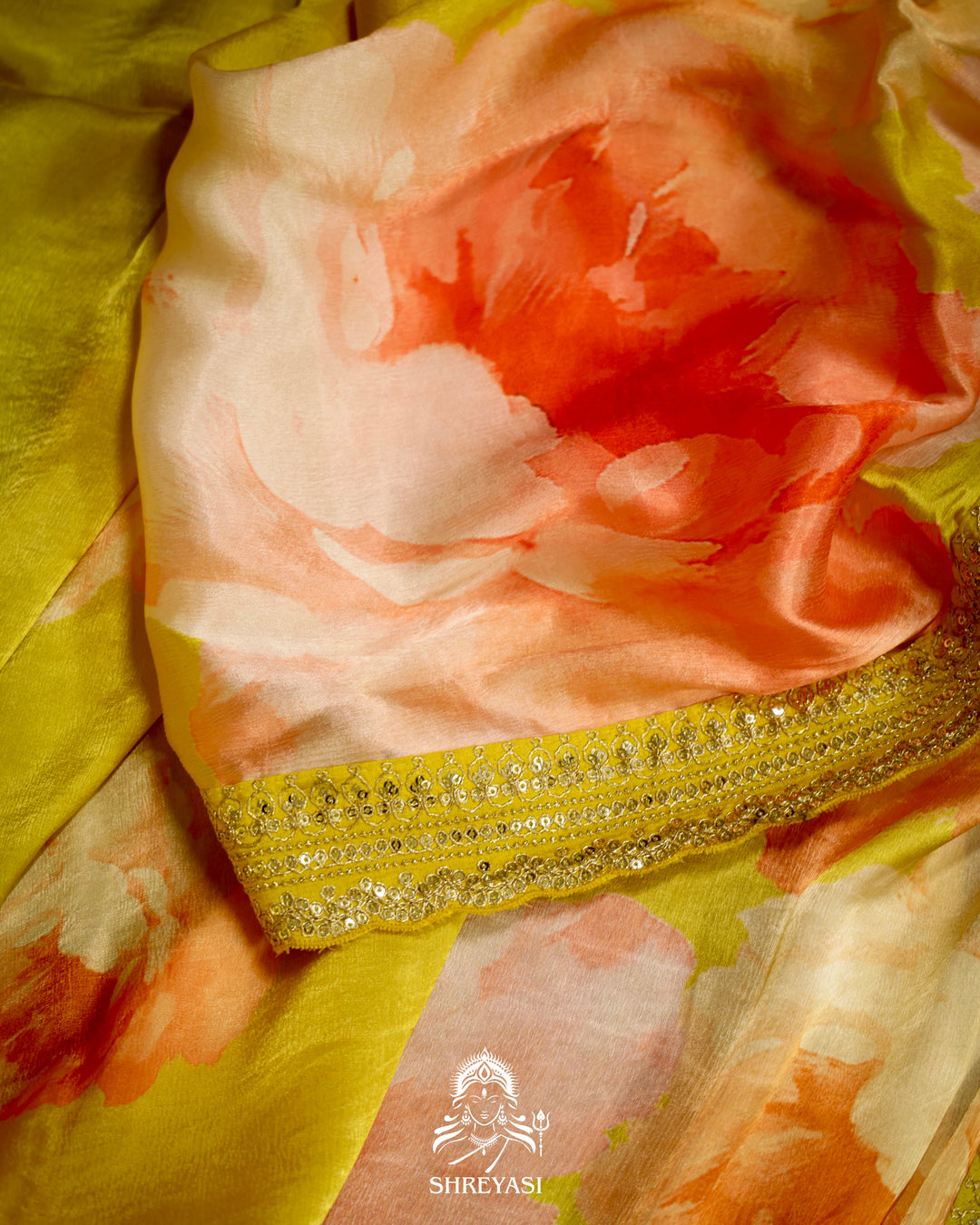 Lime Yellow Chinon Satin Floral Saree with Embroidered Border