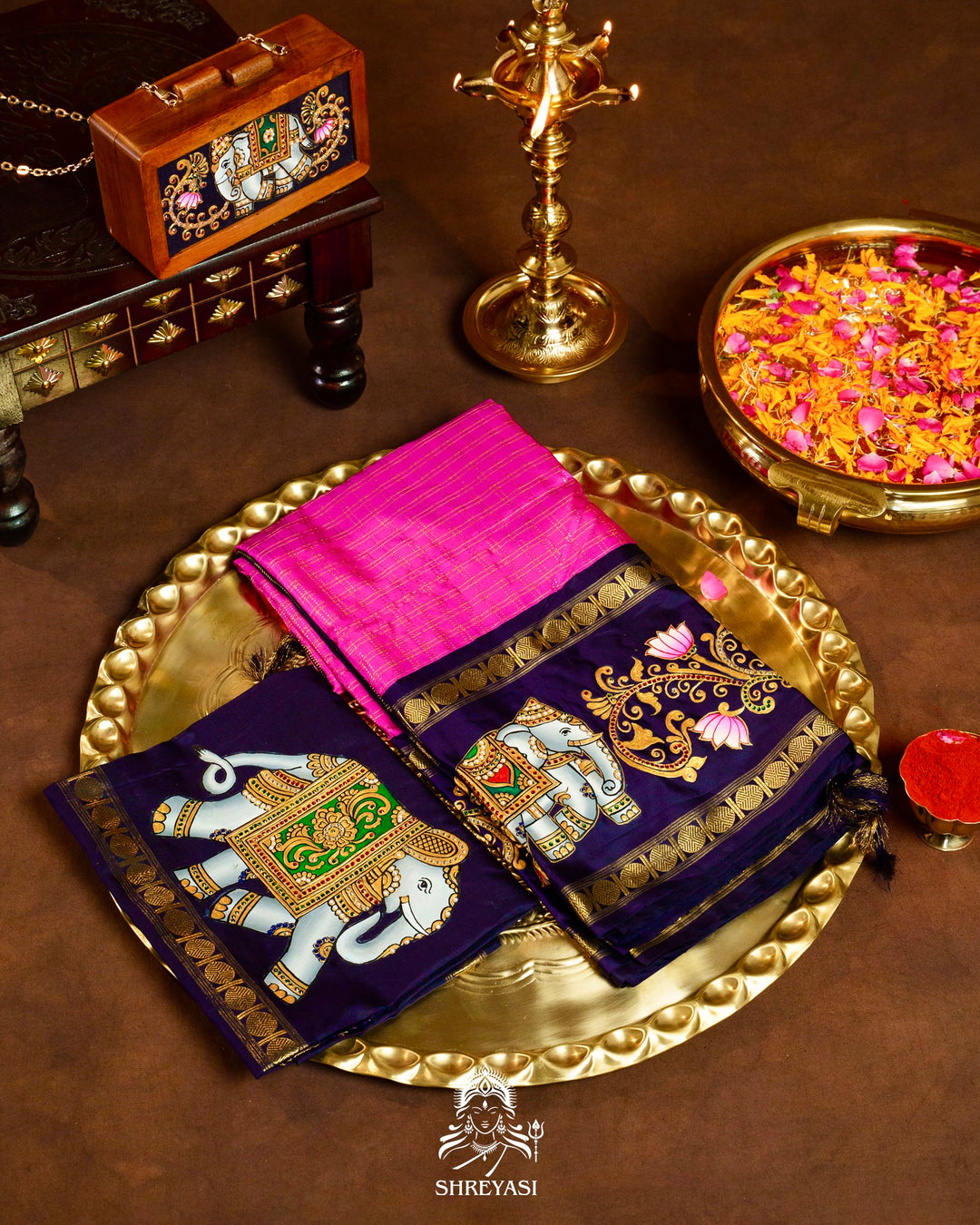 Traditional Tanjore Painting on Handloom Pure Kanjivaram Silk Sarees with Real Zari
