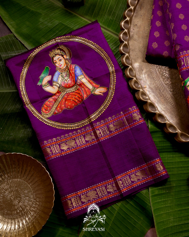 Handloom Pure Kanjivaram Silk Saree in Real Zari with Tanjore Madhura Meenakshi, Mayil and Kamalam Artwork