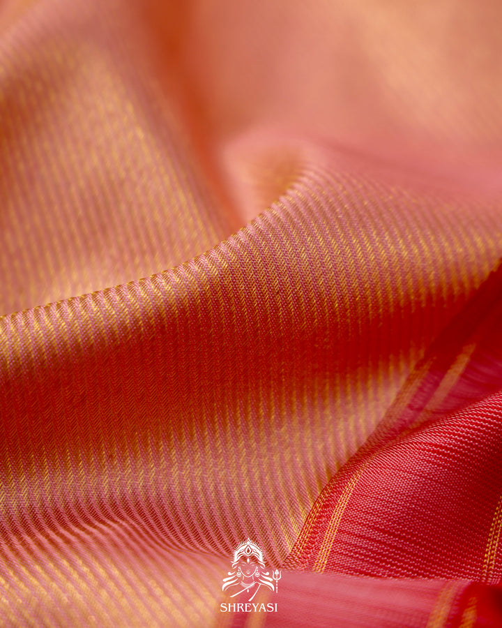 Handloom Pure Kanjivaram Silk Saree in Real Zari - Peach pink with Red and Orange Korvai Border