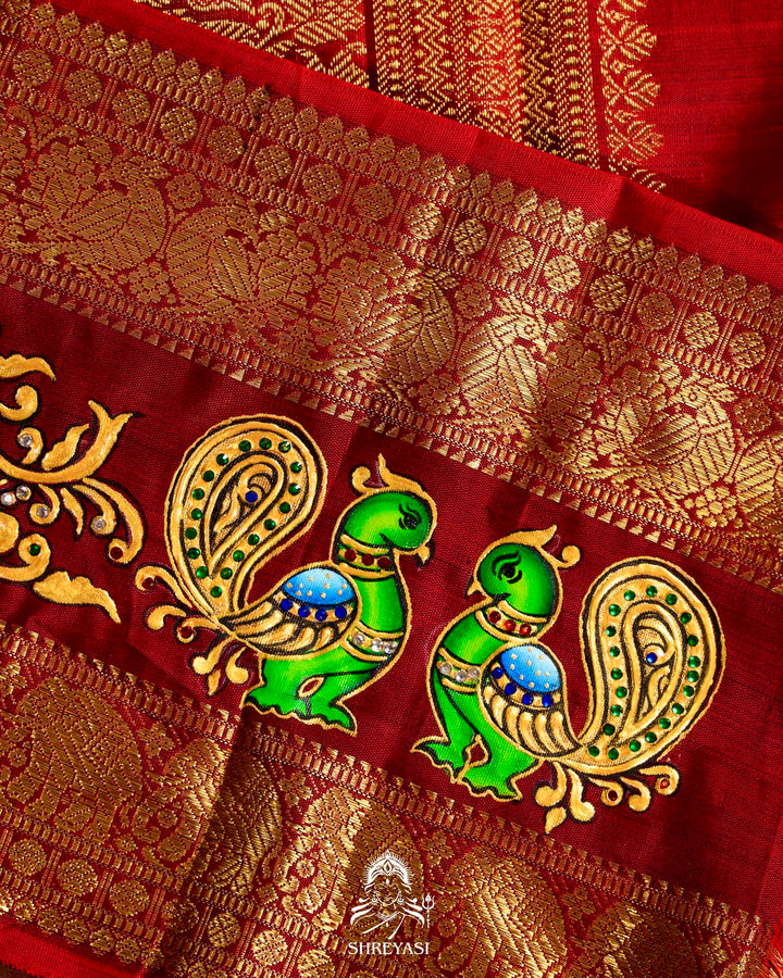 Handloom Pure Kanjivaram Silk Sarees with Real Zari and Hand Painted Tanjore Art