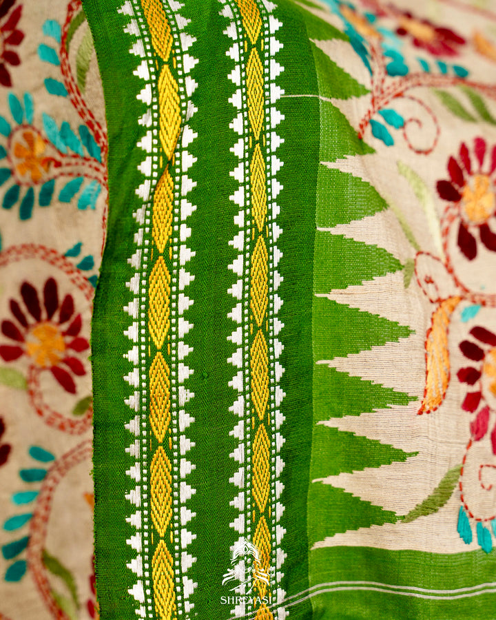 Handloom Pure Vidarbha Tussar Silk Saree with Karvati Kinar Border and Kantha Embroidery