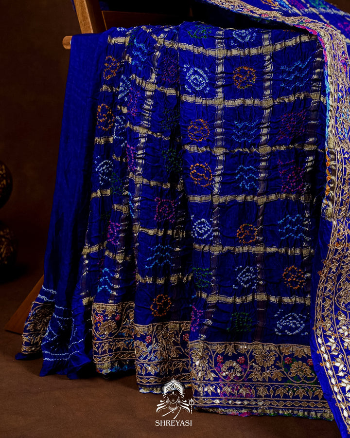 Handloom Pure Gaji Silk Gharchola Bandhej Saree with Multicolor Bandhani, Multicolor Pallu & Handcrafted Gota Patti Borders