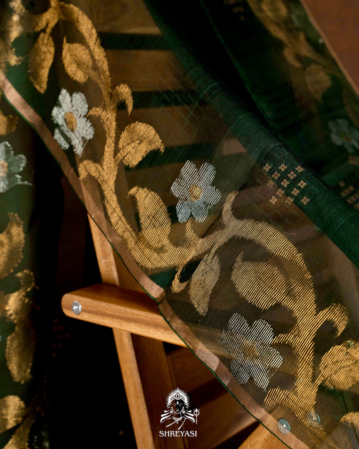 Handloom Pure Double Thread Muslin Jamdani Saree with Sona Rupa Zari & Sequence Weaving