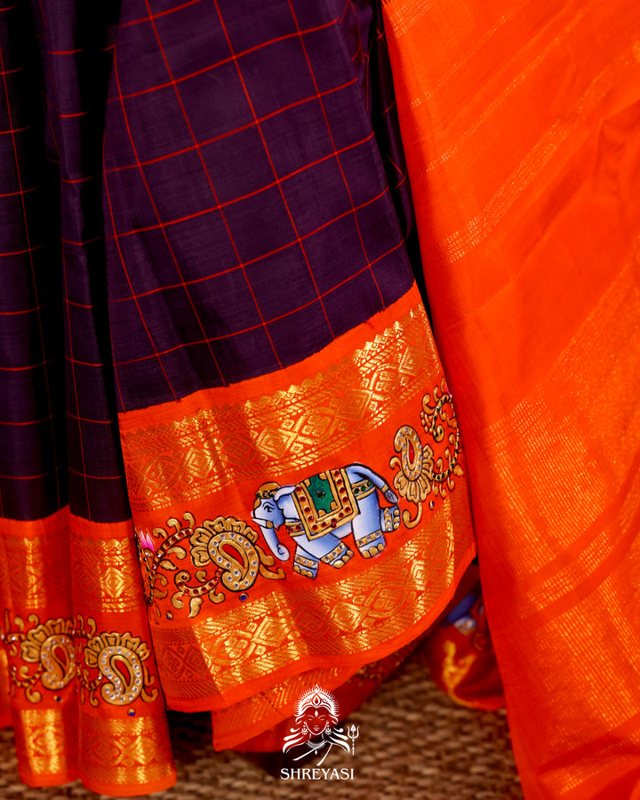 Handloom Pure Kanjivaram Silk Saree in Real Zari with Tanjore Yanai, Manga and Kamalam Artwork