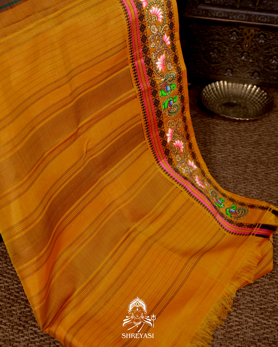 Handloom Pure Kanjivaram Silk Saree in Real Zari with Tanjore Mayil and Kamalam Artwork