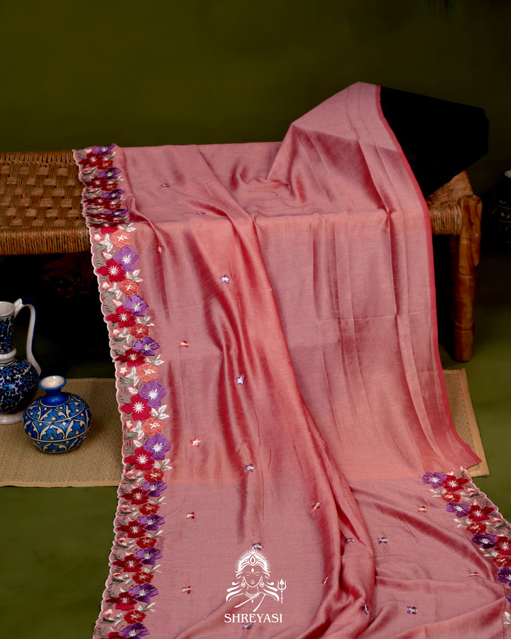 Tussar Silk Saree with Resham Floral Embroidery Border