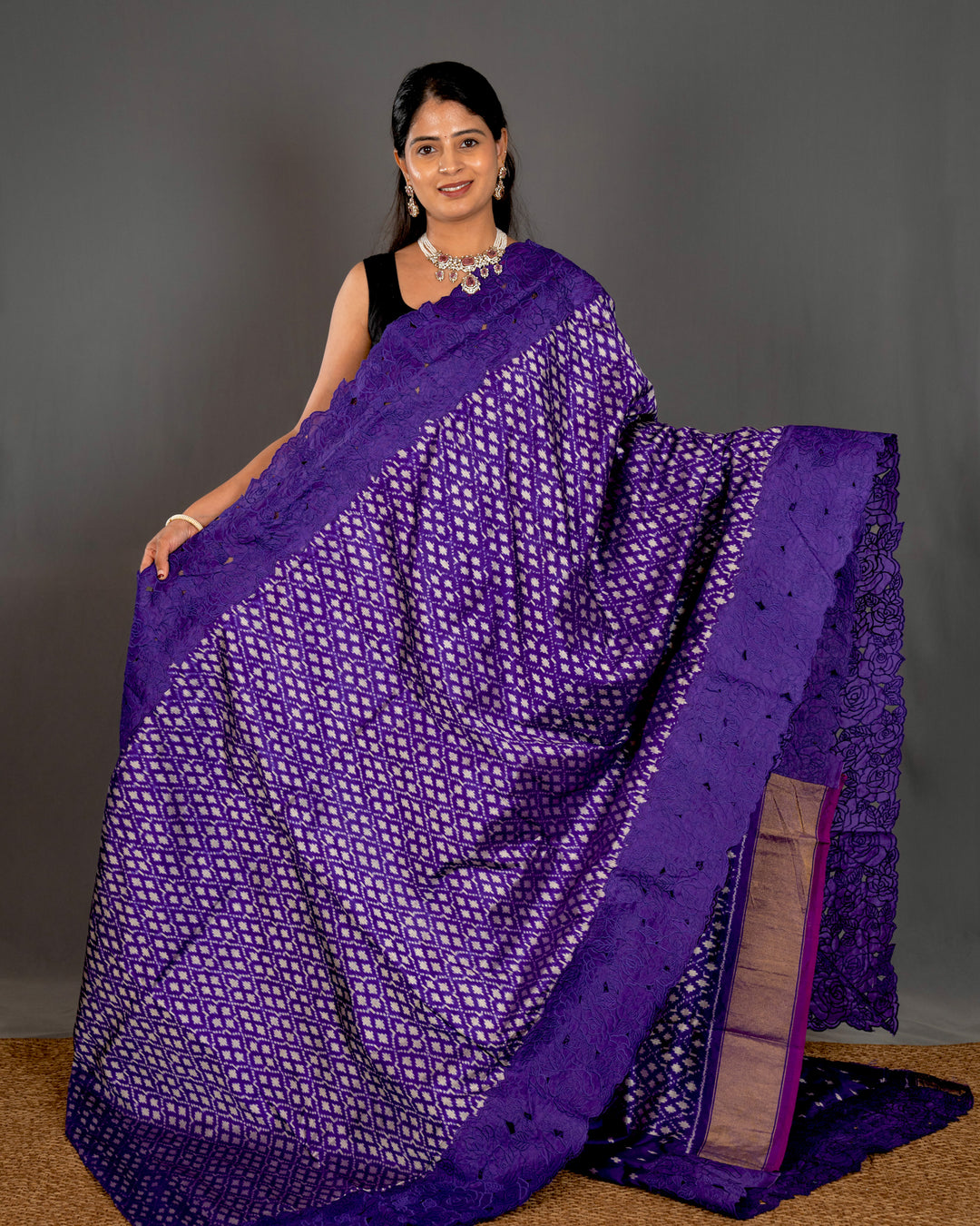 Handloom Pure Patola Silk Saree with Scalloped Floral Appliqué Embroidered Borders
