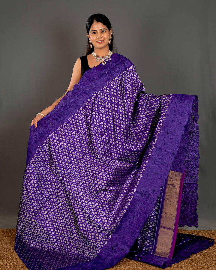 Handloom Pure Patola Silk Saree with Scalloped Floral Appliqué Embroidered Borders