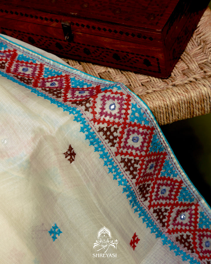 Handloom Pure Tussar Kota Saree with Kutch Hand Embroidery and Mirror Work
