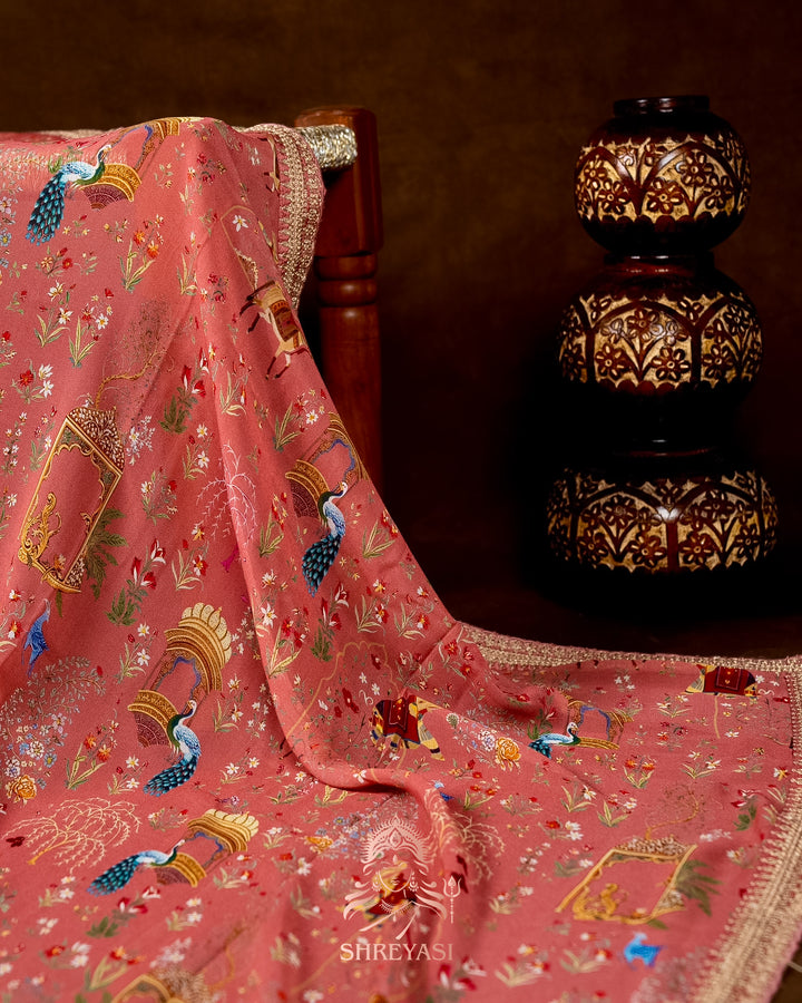 Mughal Garden Print Crepe Chinon Saree with Embroidered Border