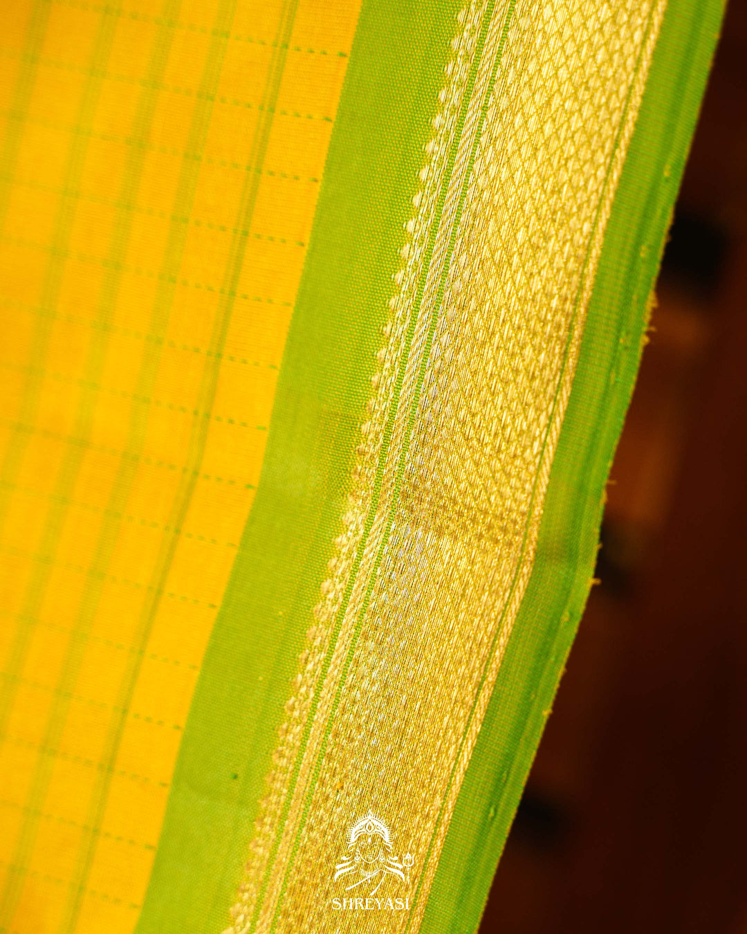 Yellow & Parrot Green Kattam Checks Kanjivaram Silk Saree