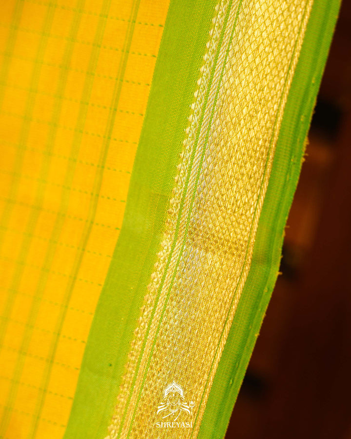 Yellow & Parrot Green Kattam Checks Kanjivaram Silk Saree